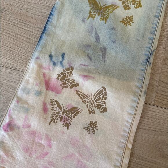Q Point Jeans Flare Butterflies Tie Dye Size 10 Yellow Pink Blue - Picture 3 of 5